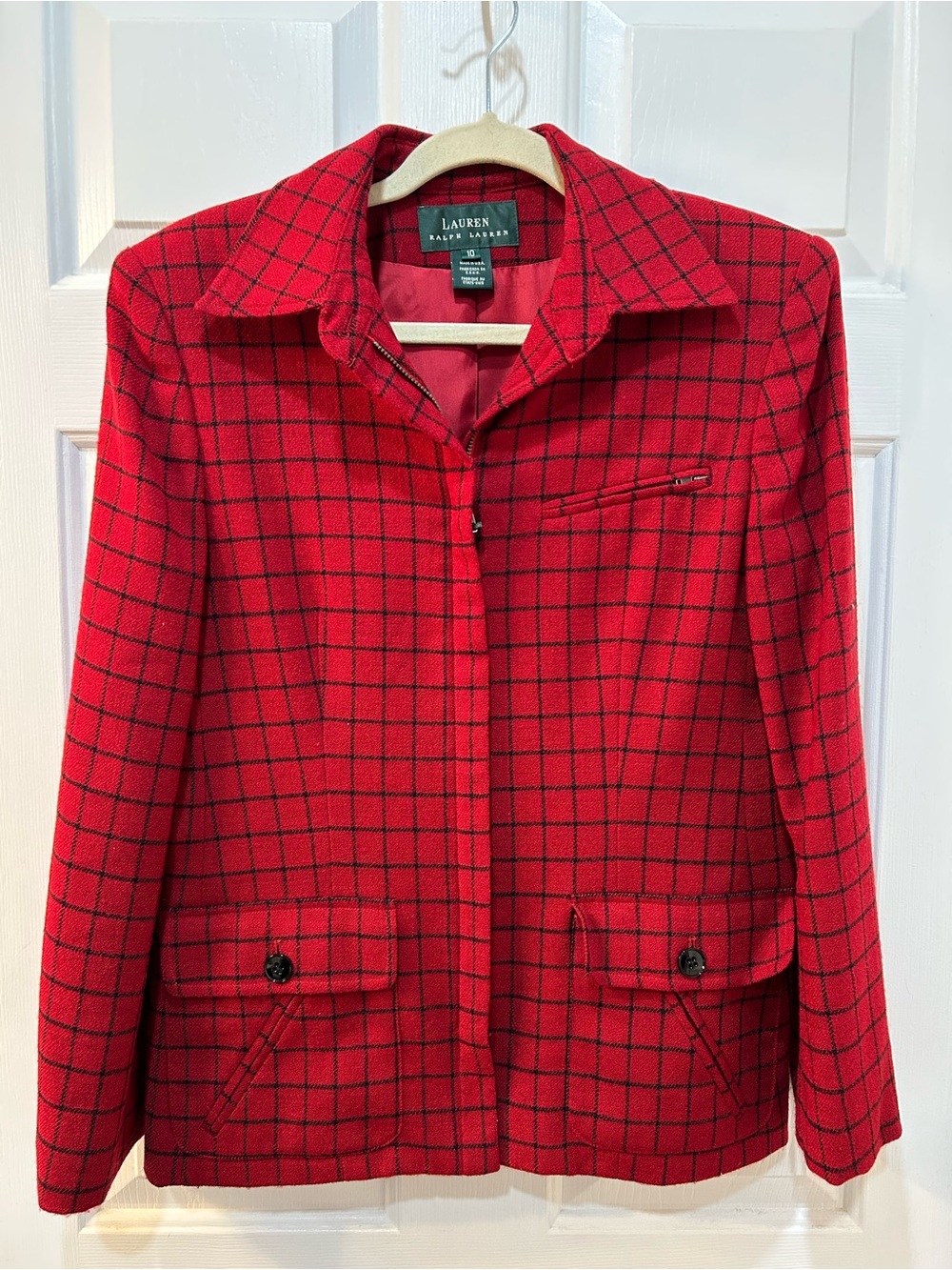 Lauren Ralph Lauren Wool Red Plaid Blazer Size 10 Made in USA Academia Boss Lady